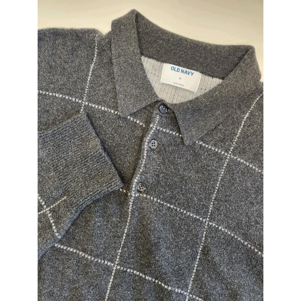 Old Navy Polo Sweater Men's XL Gray Long Sleeve Windowpane Preppy Old Money Dad